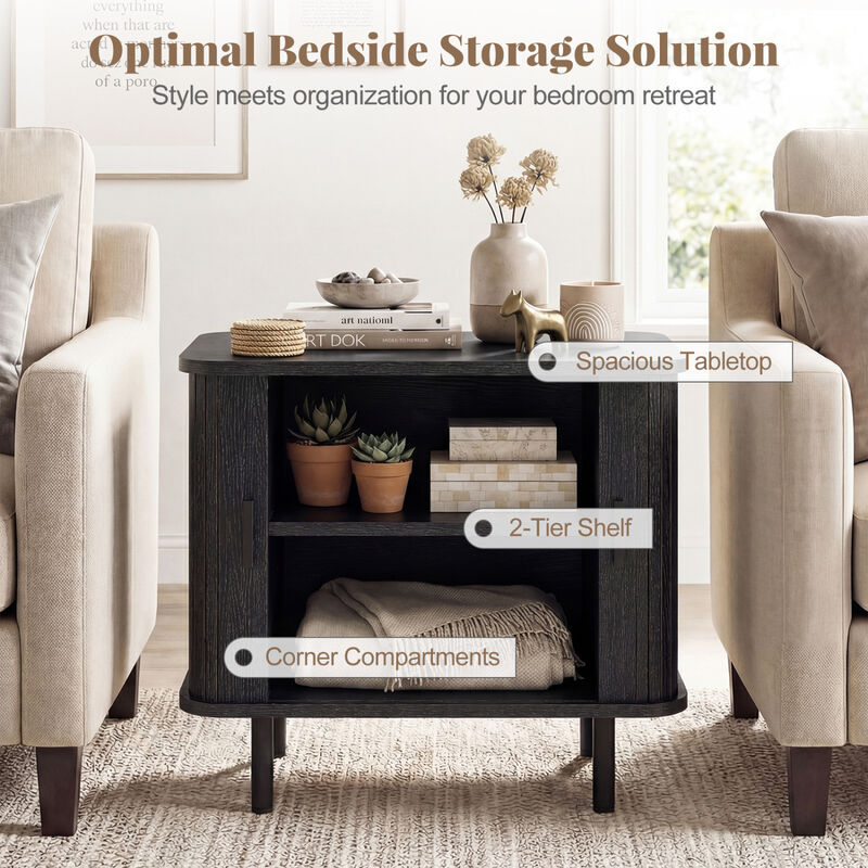 Modern Bedside Nightstand with Sliding Doors and Open Shelf for Bedroom image number 5