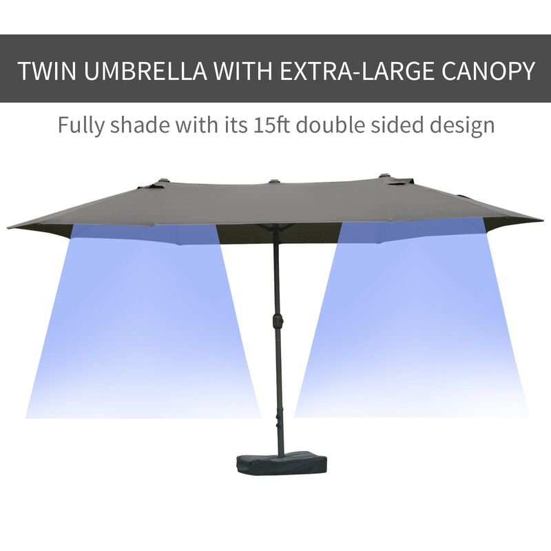 Patio Umbrella 15' Steel Rectangular Outdoor Double Sided Market with base, UV Sun Protection & Easy Crank for Deck Pool Patio Dark Gray