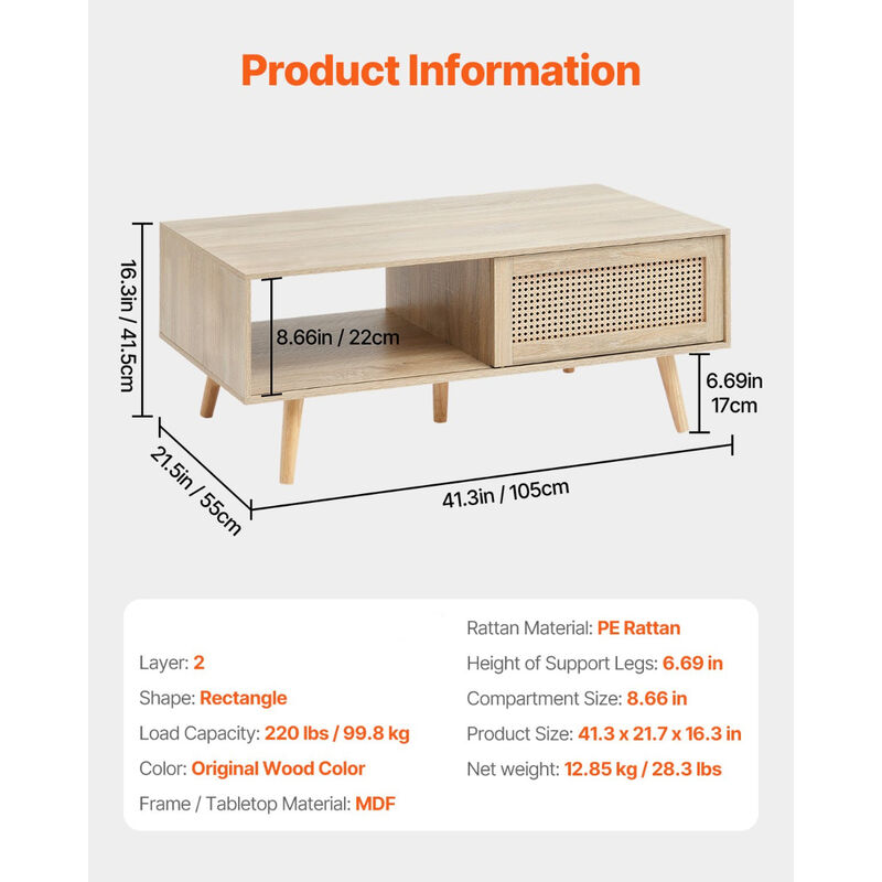 Mid Century Rattan Coffee Table with Two-Tier Storage for Living Room or Bedroom