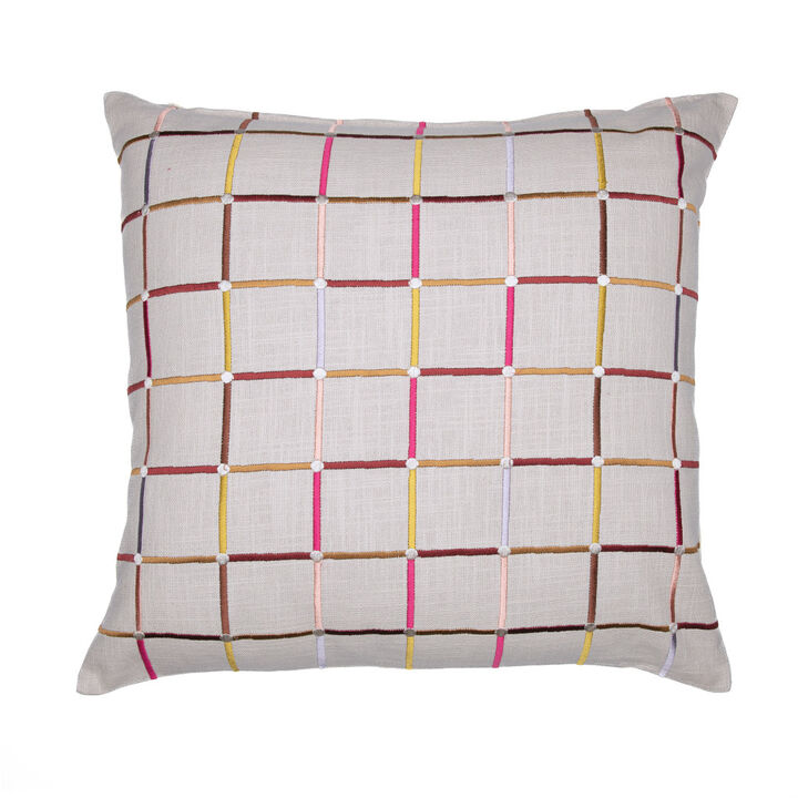HomeRoots 24" White Check Cotton Blend Throw Pillow With Embroidery