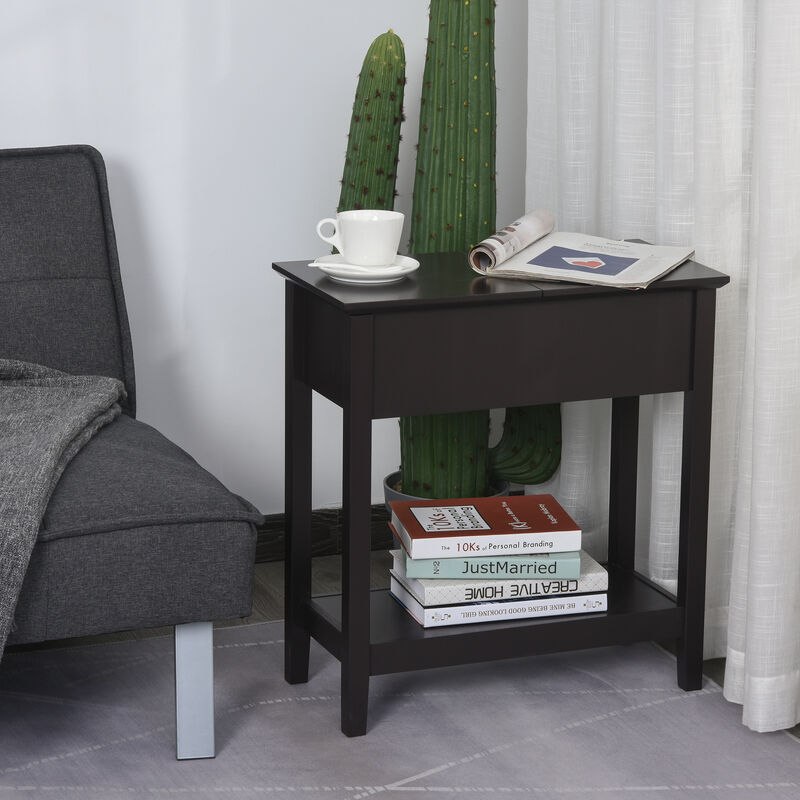 HOMCOM End Table, Narrow Side Table with Flip Top, Storage Cabinet, Bottom Shelf for Living Room, Bedroom, Dark Coffee
