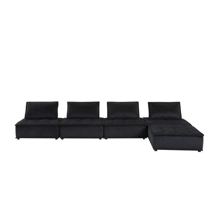 Streamdale Anna Black Velvet 5 Piece Sectional Sofa Ottoman
