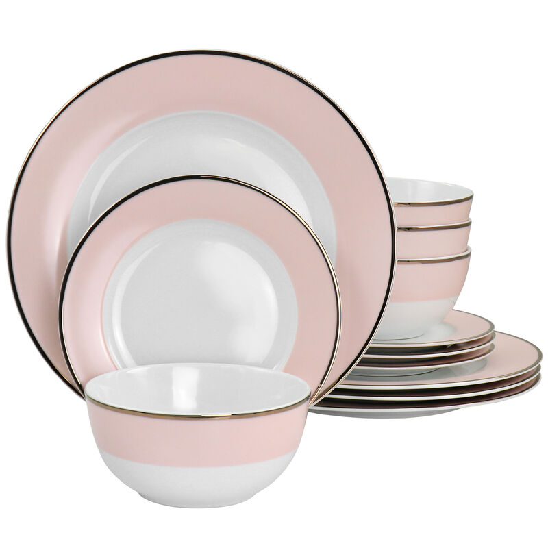 Martha Stewart Gold Rimmed 12 Piece Fine Ceramic Dinnerware Set in Pink image number 1