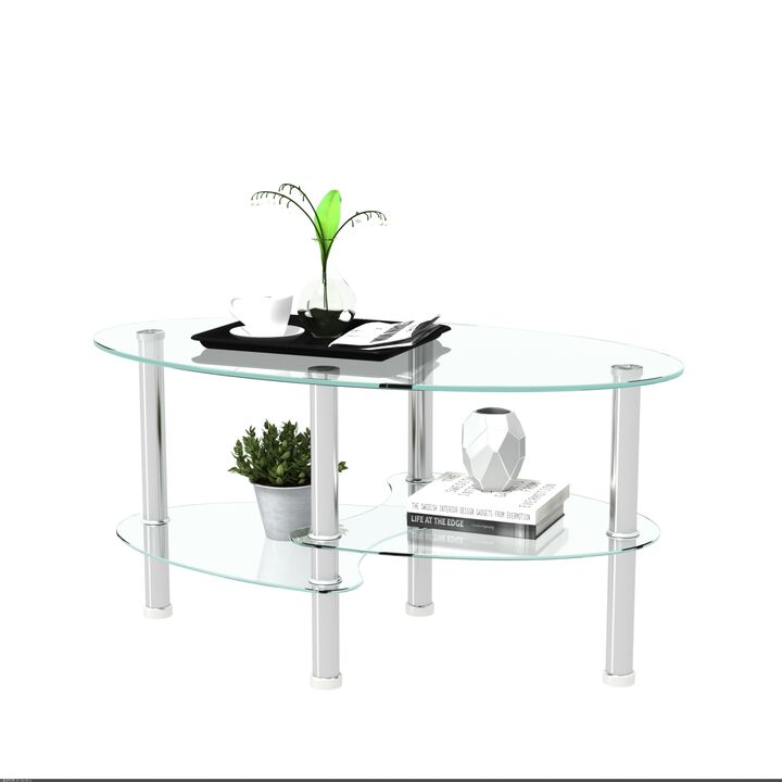 Transparent Oval Glass Coffee Table, Modern Table with Stainless Steel Leg