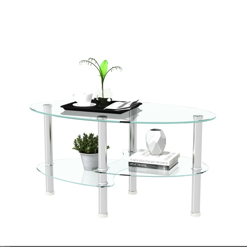 Transparent Oval Glass Coffee Table, Modern Table with Stainless Steel Leg