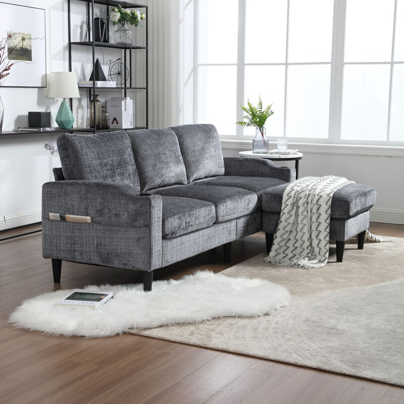 Sofa for three, solid wood frame, Chenille fabric, side pocket, with two cup holders, footstool with storage sofa