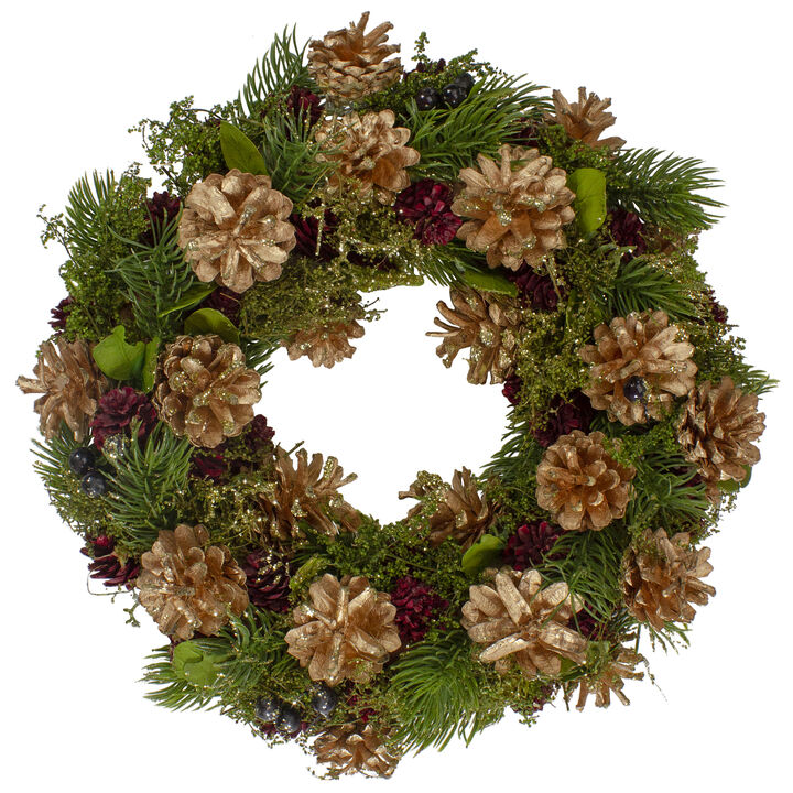 12" Green  Gold  and Red Glitter Pinecones Christmas Wreath