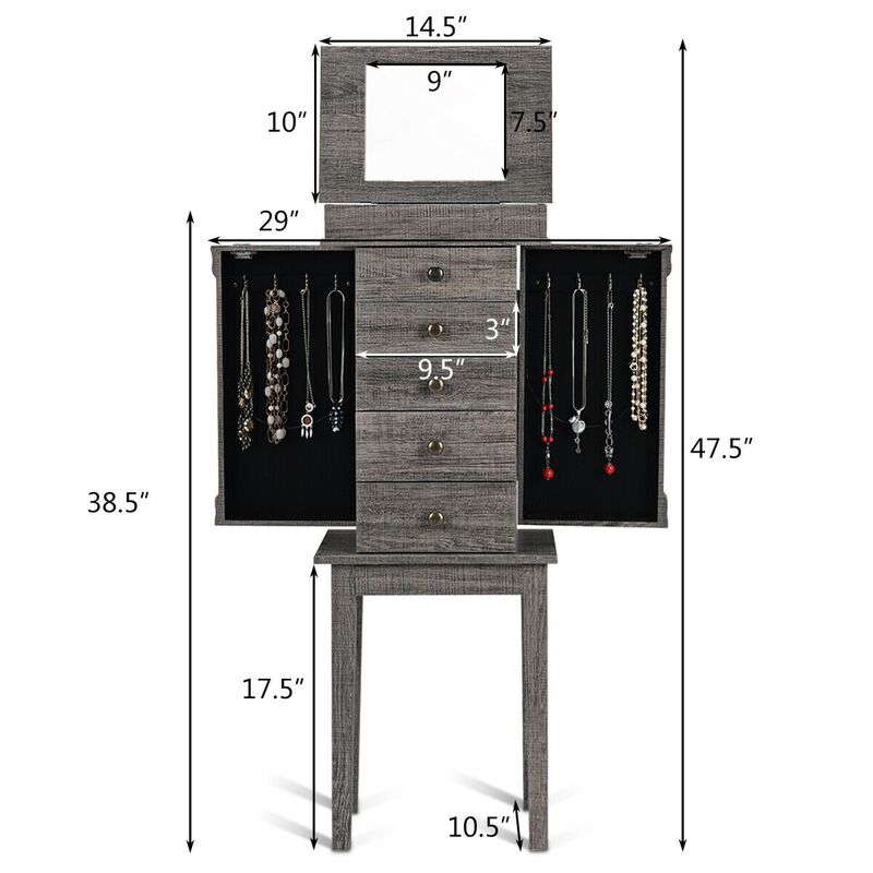 Standing Jewelry Cabinet Storage Organizer with Wooden Legs-Gray