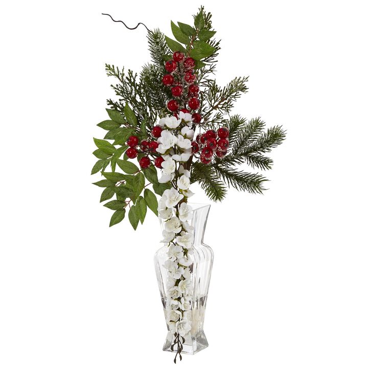 Nearly Natural 25-in Wisteria, Iced Pine and Berries Arrangement in Vase