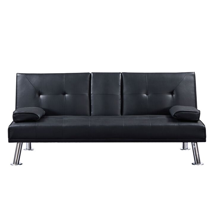 Black Faux Leather Loveseat Sofa Bed with Cup Holders - Convertible Folding Sleeper Couch Bed