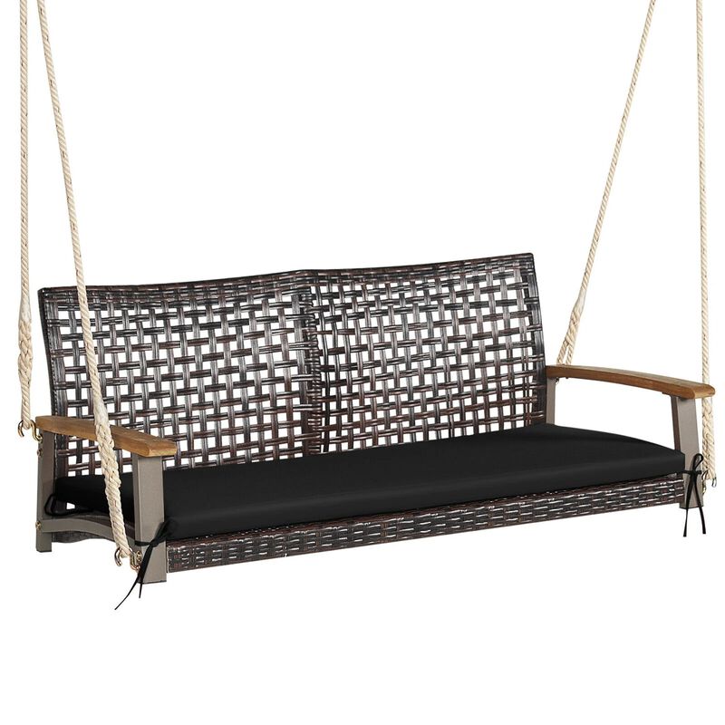 Mondawe 2-Person Rattan Hanging Porch Swing Chair with Loveseat Cushion
