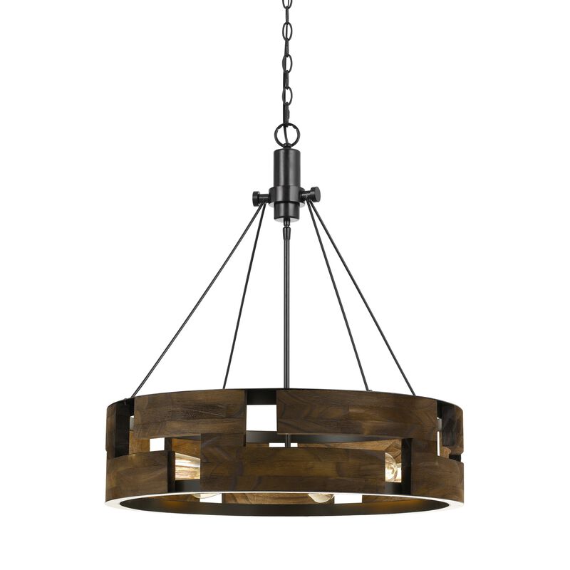 6 Bulb Round Wooden Frame Chandelier with Geometric Cut Our Design, Brown-Benzara image number 1