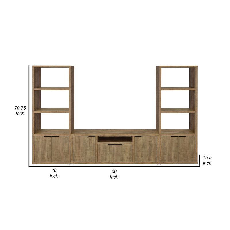 TV Entertainment Console with 2 Media Tower, 4 Cabinets, Natural Brown Wood - Benzara