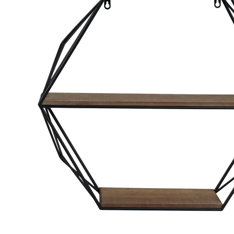 Metal/wood 3 Tier Hexagon Wall Shelf, Brown/black image number 3