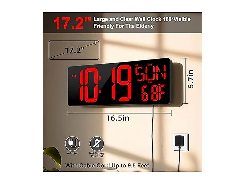 17 Inch Large Digital Wall Clock Remote Control Timer Temperature Date Week Auto image number 1