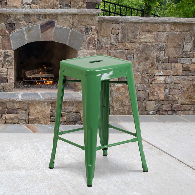 Flash Furniture Kai Commercial Grade 24" High Backless Green Metal Indoor-Outdoor Counter Height Stool with Square Seat image number 1