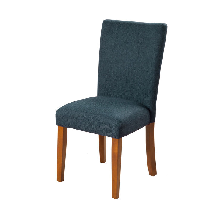 Fabric Upholstered Parson Dining Chair with Wooden Legs, Navy Blue and Brown, Set of Two - Benzara