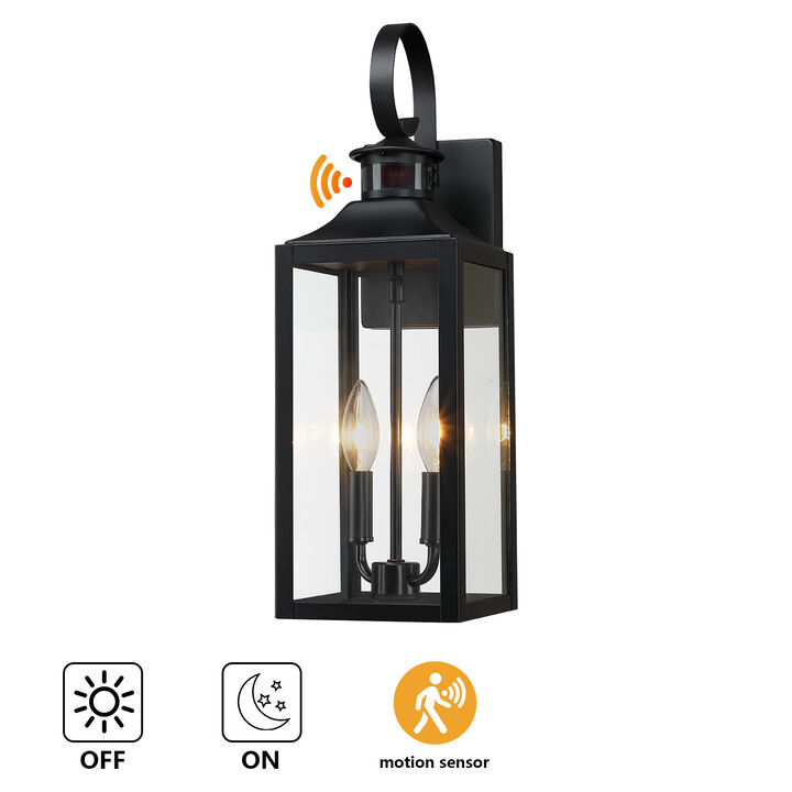 19 in. Modern Farmhouse Black 2-Light Dusk-to-Dawn Motion Sensor Outdoor Wall Lantern with Clear Glass Shade