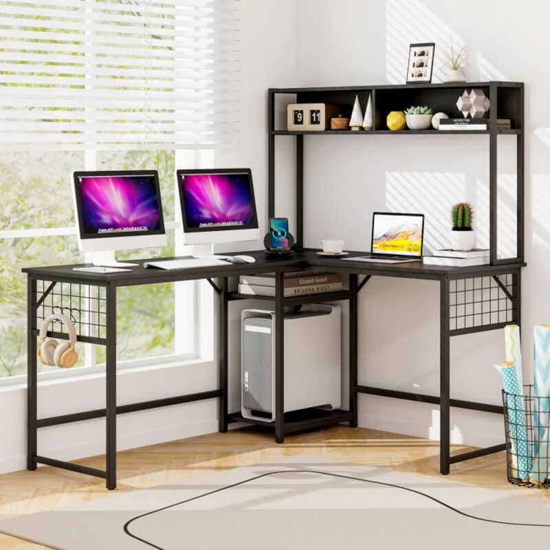 Hivvago L-shaped Desk with Power Outlet Hutch