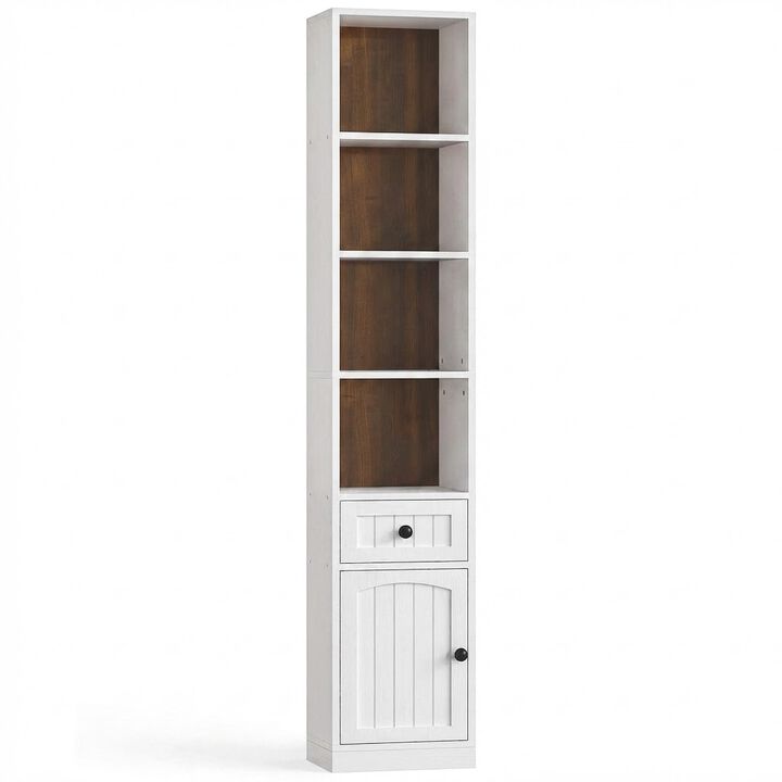Slim Tall Bookcase with Cabinet Storage and Adjustable Shelving Unit- White