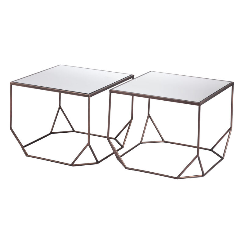 HomeRoots Set of Two Silver and Bronze Mirrored Glass and Steel Square Abstract Bunching Coffee Tables image number 3