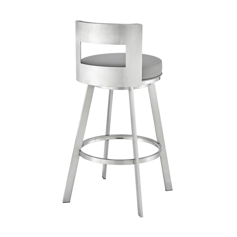 Ami 30 Inch Swivel Barstool Chair, Light Gray Faux Leather, Steel