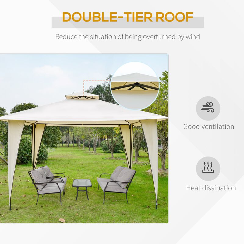 12' x 12' Outdoor Canopy Tent Party Gazebo with Double-Tier Roof, Steel Frame, Included Ground Stakes, Beige