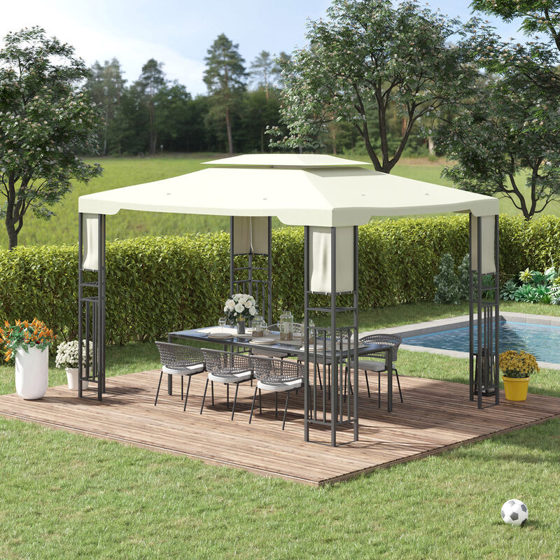 Outsunny 10' X 13' Outdoor Patio Gazebo with Double Vented Roof, Storage Shelves, Steel Frame for Lawn, Backyard and Deck, Cream White
