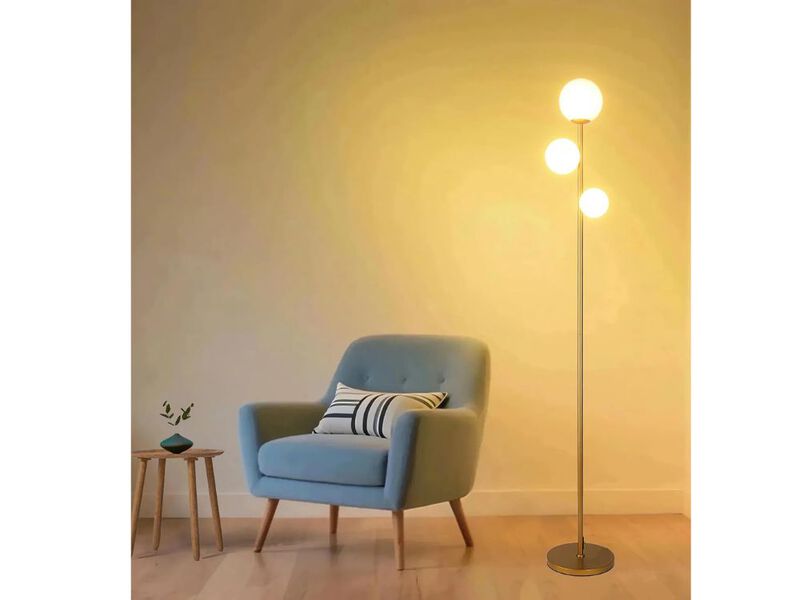 Mid-Century Globe Floor Lamp – 3 Frosted Glass Shades, Antique Brass, LED Bulbs