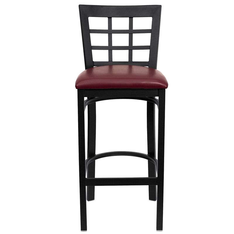 Flash Furniture HERCULES Series Black Window Back Metal Restaurant Barstool - Burgundy Vinyl Seat