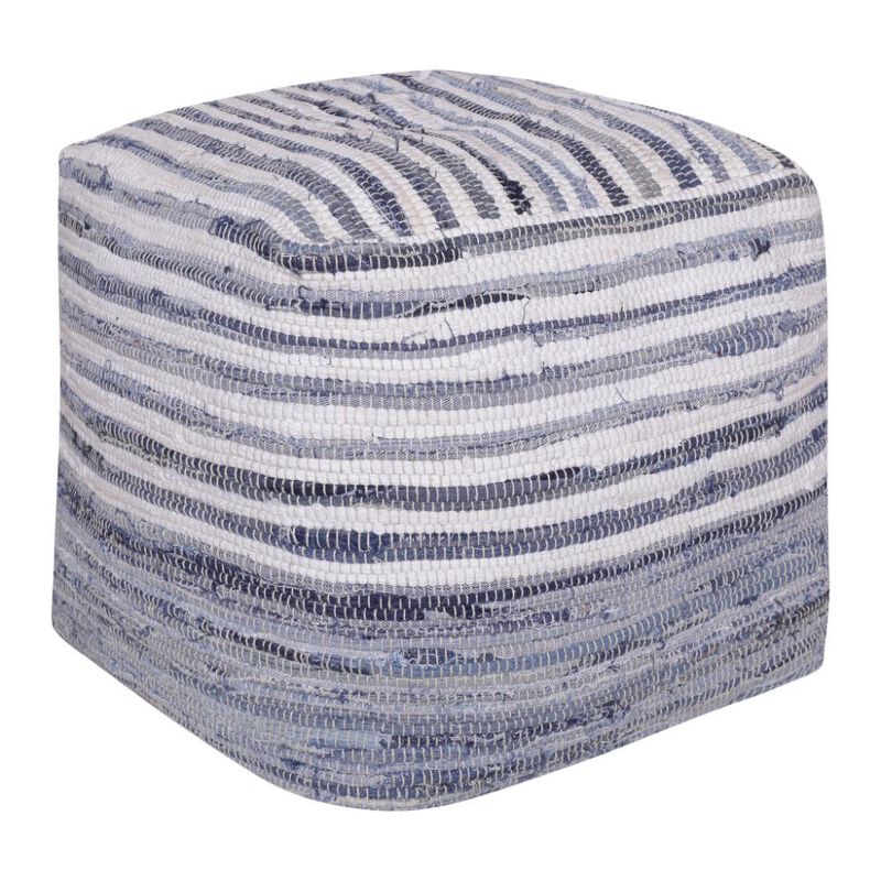 Hivvago 18 Inch Blue Cotton Cube Striped Pouf Ottoman