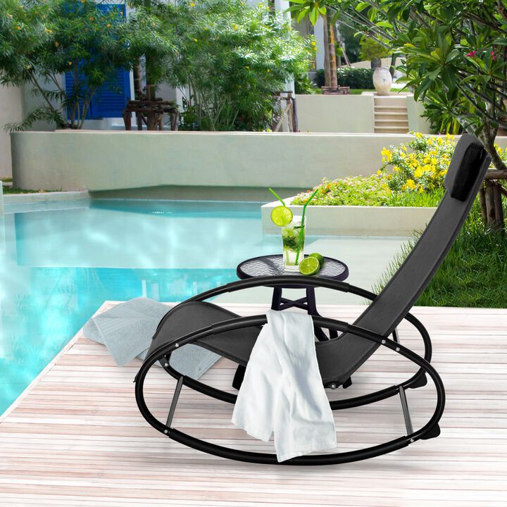 Black Patio Rocking Chair with Headrest Pillow and Breathable Fabric for Backyard, Living Room, Deck and Poolside
