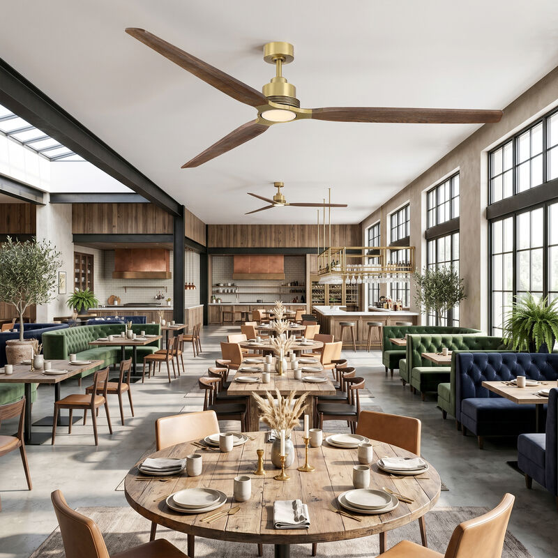 84" Natural Brass Solid Wood Mid Century Modern Dimmable LED 6 Speed Extra Large Ceiling Fan with Light and Remote image number 2