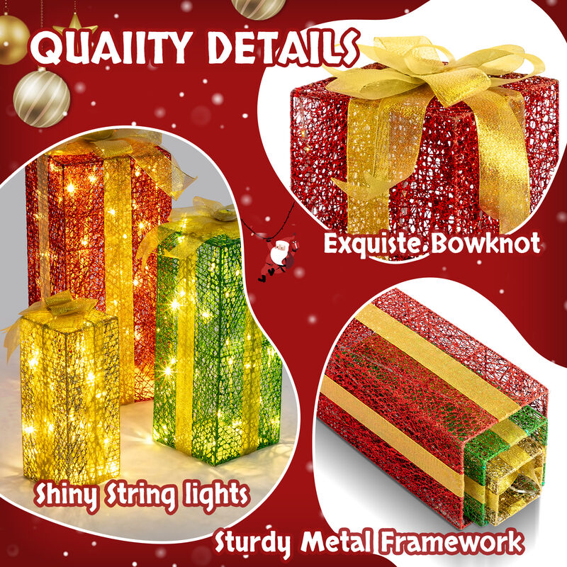 Lighted Gift Boxes Set of 3 &ndash; Pre-Lit Present Decor with 90 Warm White LEDs for Indoor & Outdoor