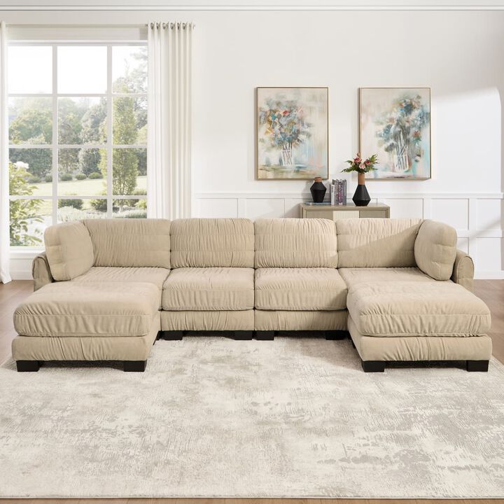 4 seat modular sectional sofa, Chenille L shaped sectional couch with ruched detailing, Modular sectional with 2 movable ottomans
