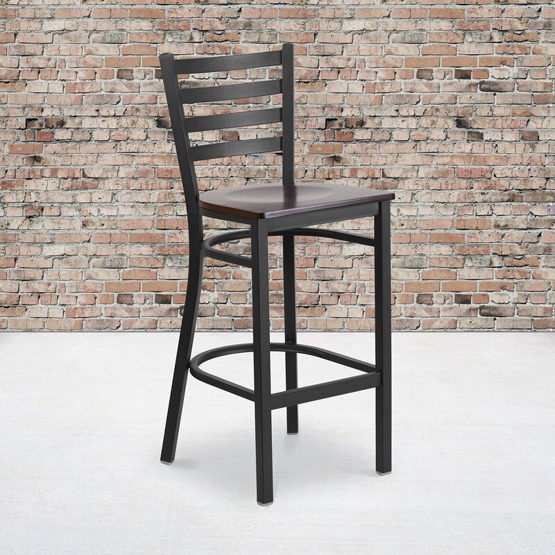 Flash Furniture HERCULES Series Black Ladder Back Metal Restaurant Barstool - Walnut Wood Seat