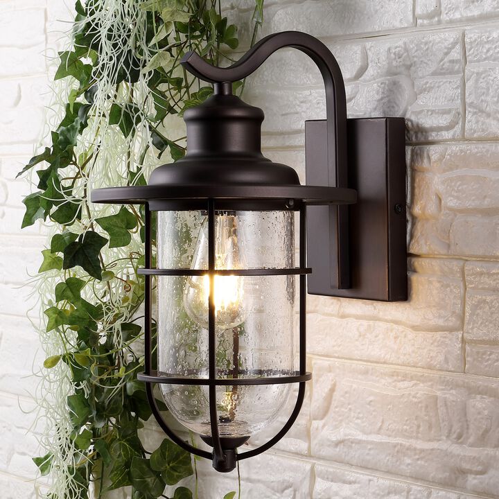 Westfield 10.5" 1-Light Iron/Seeded Glass Rustic Industrial Cage LED Outdoor Lantern, Oil Rubbed Bronze