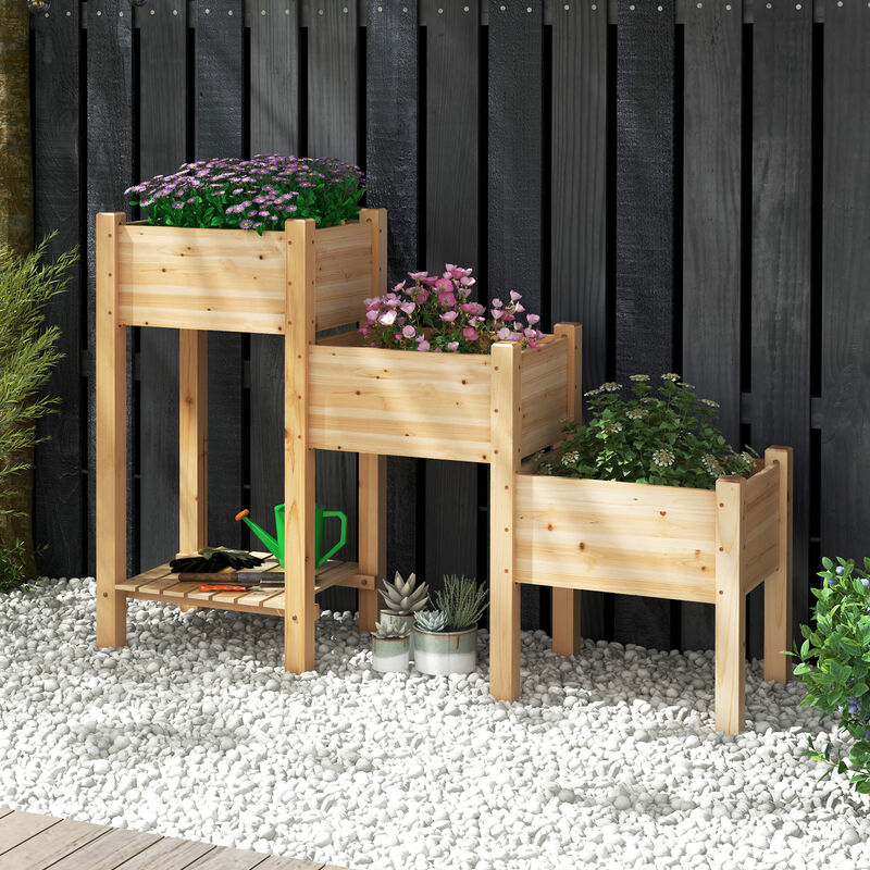 3-Tier Wooden Raised Garden Bed with Open Storage Shelf-Natural