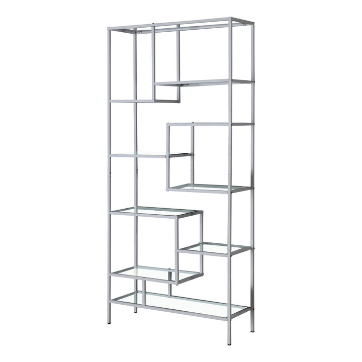 Monarch Specialties I 7158 Bookshelf, Bookcase, Etagere, 72"H, Office, Bedroom, Metal, Tempered Glass, Grey, Clear, Contemporary, Modern
