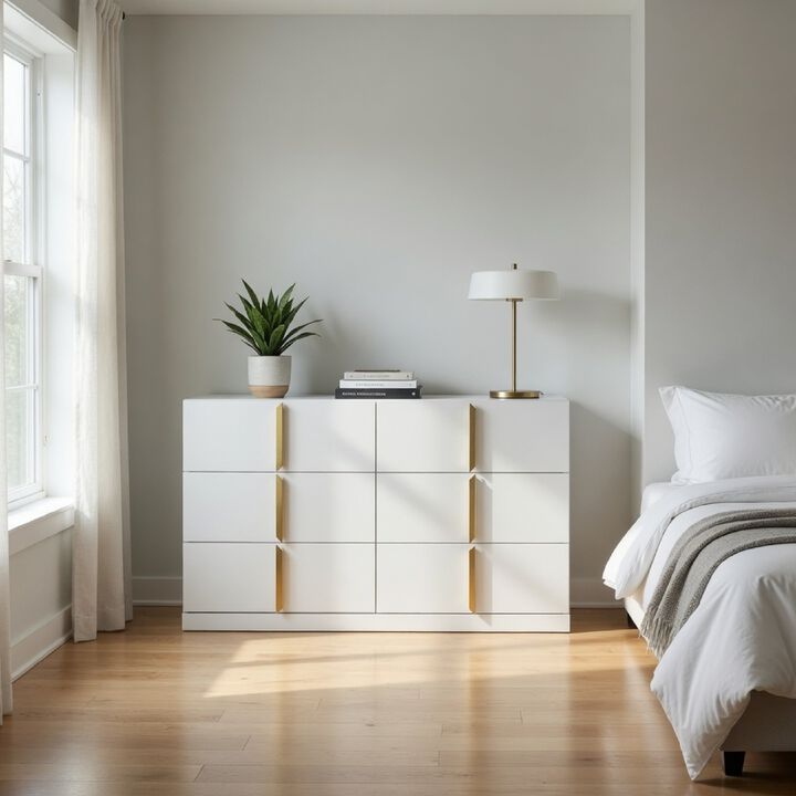 Orion Wide Dresser with 6 Drawers, Gold Handles, Glossy White Wood