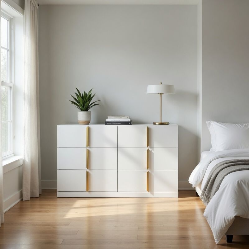 Orion Wide Dresser with 6 Drawers, Gold Handles, Glossy White Wood image number 1