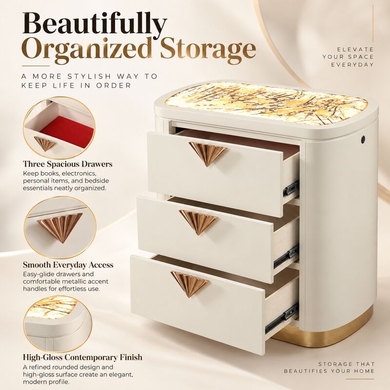 Calvessara Gloss 3-Drawer LED Nightstand image number 4