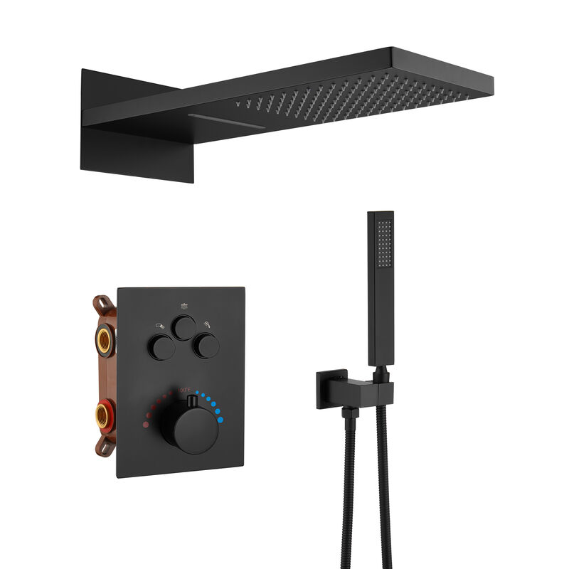 Mondawe 2 Functions 3-Spray Patterns Wall Mounted Luxury Thermostatic Shower System with Rough-in Valve in Matte Black