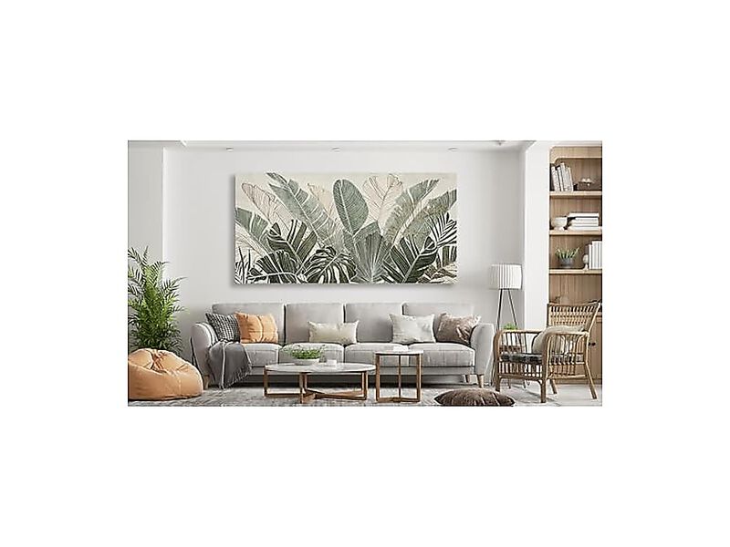 Tropical Plants Wall Art Green Leaf Canvas Living Decor Banana Leaves Line Taupe image number 3