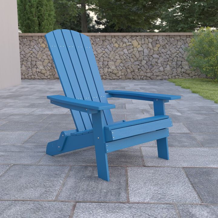 Flash Furniture Charlestown Commercial Folding Adirondack Chair - Blue - Poly Resin - Indoor/Outdoor - Weather Resistant