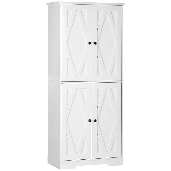 71" Freestanding Kitchen Pantry, Farmhouse 4 Door Storage Cabinet with 4-Tiers and 2 Adjustable Shelves, White