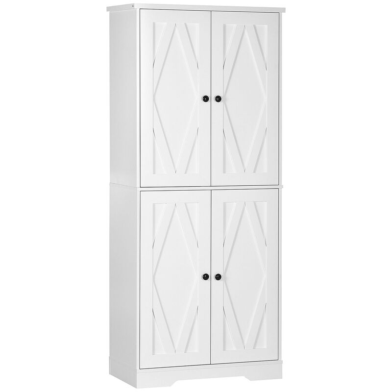 White Kitchen Organizer: 71" Farmhouse Pantry with 4 Doors & Adjustable Shelves