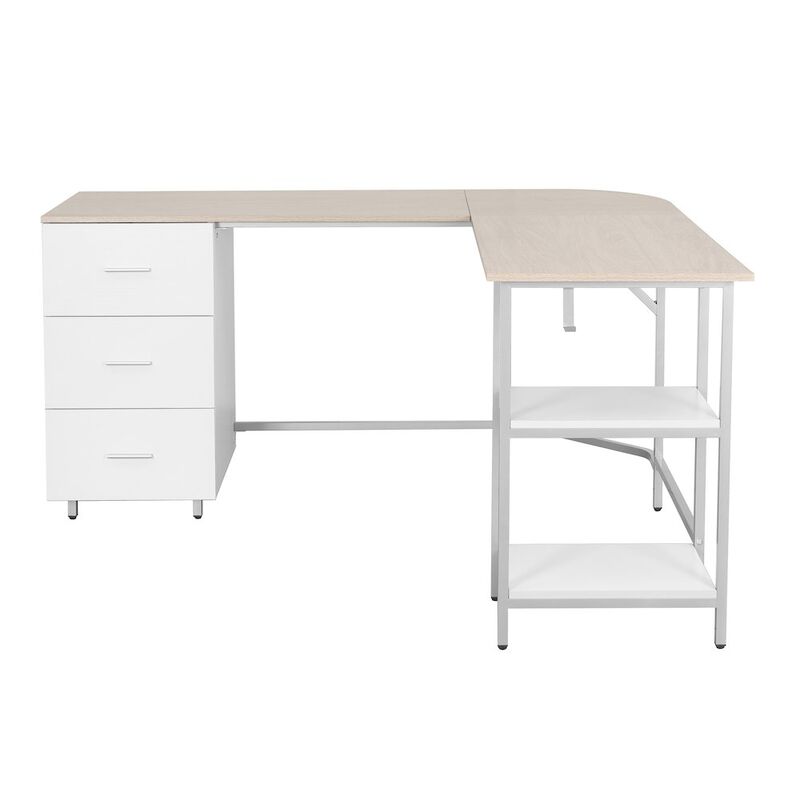 Techni Mobili L-Shape Home Office Two-Tone Desk with Storage, Sand
