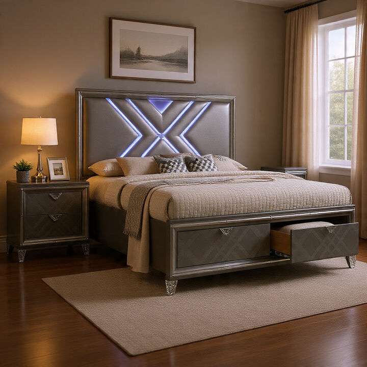 Queen Bedroom Set, Gray, Silver Wood, 2 Piece Set with Nightstand