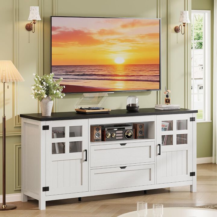 TV Stand for 65 70 75 Inch TVs, Entertainment Center with Adjustable Shelves, 2 Barn Doors and Drawers, Media Cabinet for Living Room, Bedroom